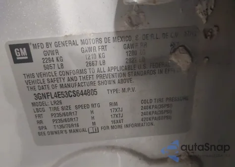 2012 Chevrolet Captiva Sport Ltz z USA, uszkodzony, nr VIN 3GNFL4E53CS644805